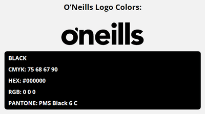 oneills brand colors in HEX, RGB, CMYK, and Pantone