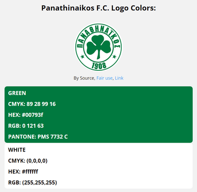 panathinaikos team color codes in HEX, RGB, CMYK, and Pantone