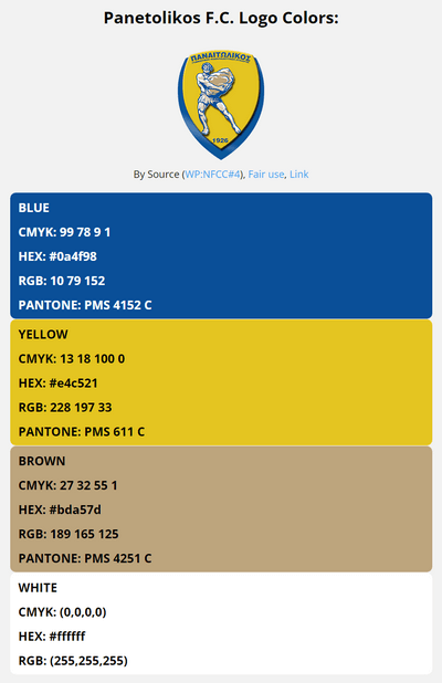 panetolikos team color codes in HEX, RGB, CMYK, and Pantone