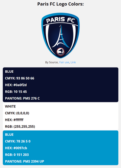 paris fc team color codes in HEX, RGB, CMYK, and Pantone