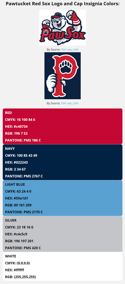 pawtucket red sox color codes in HEX, RGB, CMYK, and Pantone