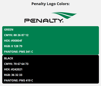 penalty brand colors in HEX, RGB, CMYK, and Pantone