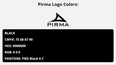 pirma brand colors in HEX, RGB, CMYK, and Pantone