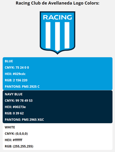 racing club de avellaneda team color codes in HEX, RGB, CMYK, and Pantone