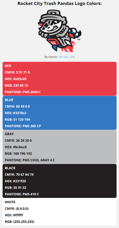 rocket city trash pandas team color codes in HEX, RGB, CMYK, and Pantone