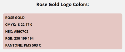 rose gold brand colors in HEX, RGB, CMYK, and Pantone