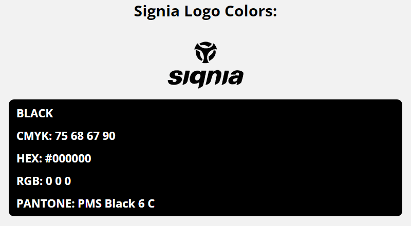 signia brand colors in HEX, RGB, CMYK, and Pantone