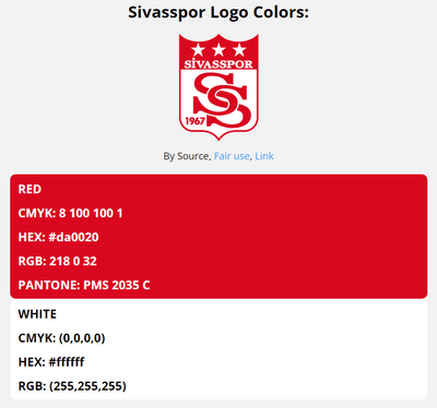 sivasspor team color codes in HEX, RGB, CMYK, and Pantone