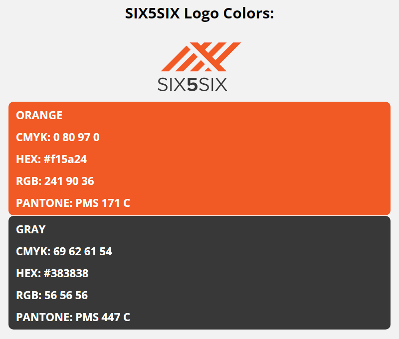 six5six brand colors in HEX, RGB, CMYK, and Pantone