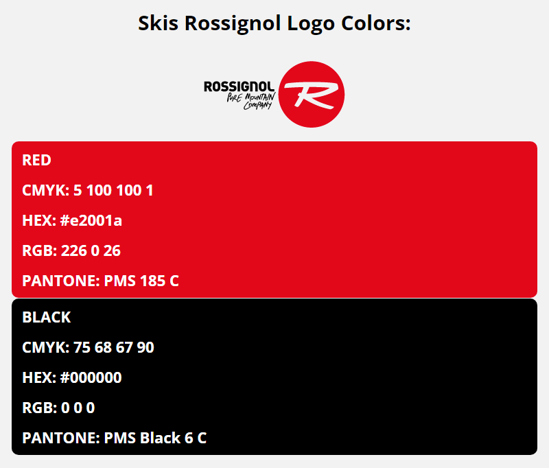 skis rossignol brand colors in HEX, RGB, CMYK, and Pantone