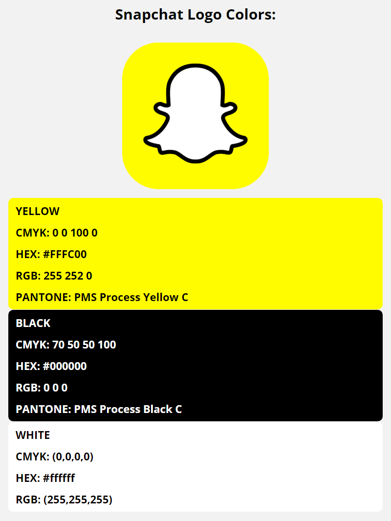 snapchat brand colors in HEX, RGB, CMYK, and Pantone
