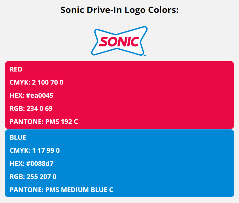 sonic drive in brand colors in HEX, RGB, CMYK, and Pantone