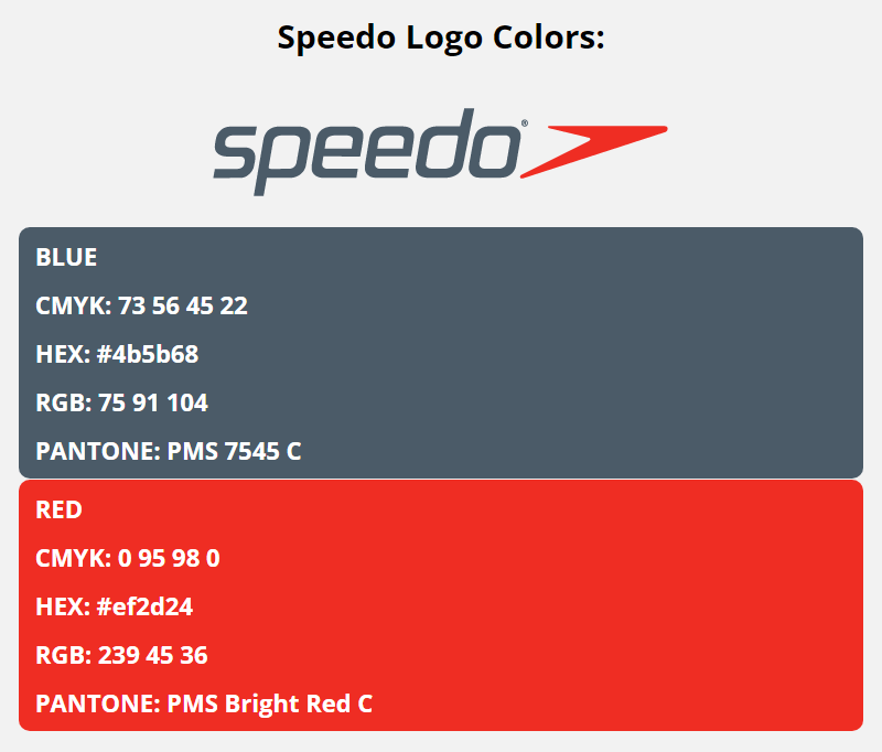 speedo brand colors in HEX, RGB, CMYK, and Pantone