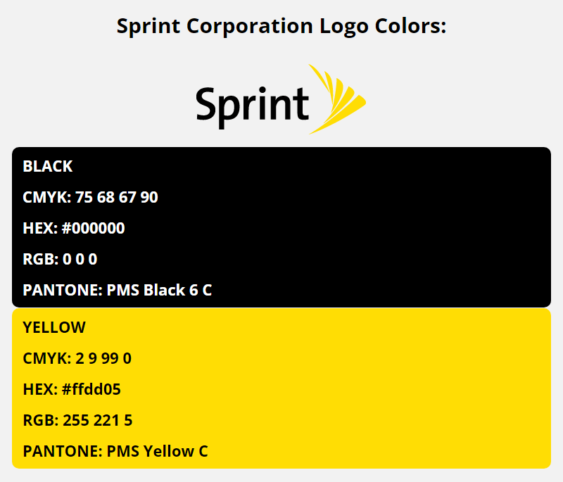 sprint brand colors in HEX, RGB, CMYK, and Pantone