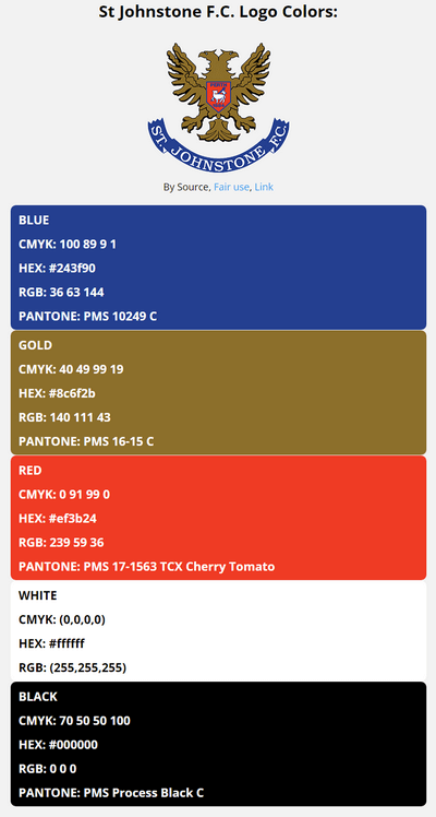 st johnstone team color codes in HEX, RGB, CMYK, and Pantone