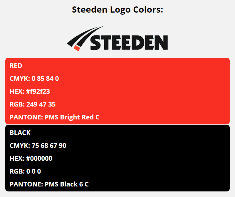 steeden brand colors in HEX, RGB, CMYK, and Pantone
