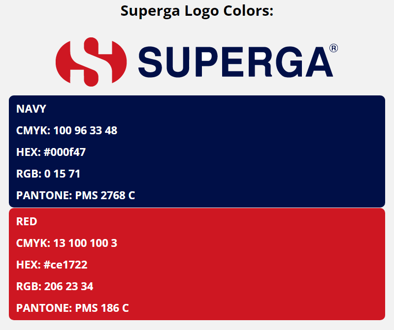 superga brand colors in HEX, RGB, CMYK, and Pantone