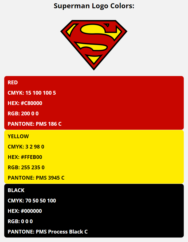 superman brand colors in HEX, RGB, CMYK, and Pantone