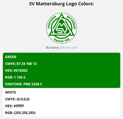 sv mattersburg team color codes in HEX, RGB, CMYK, and Pantone
