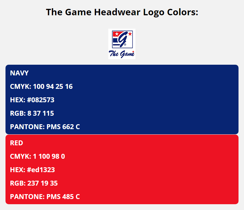 the game brand colors in HEX, RGB, CMYK, and Pantone