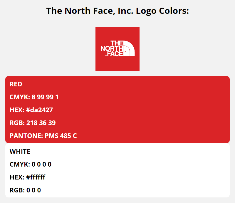 the north face brand colors in HEX, RGB, CMYK, and Pantone