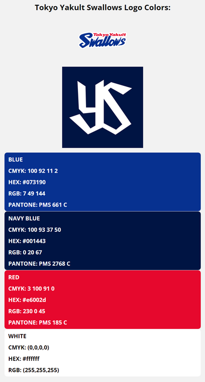 tokyo yakult swallows team color codes in HEX, RGB, CMYK, and Pantone