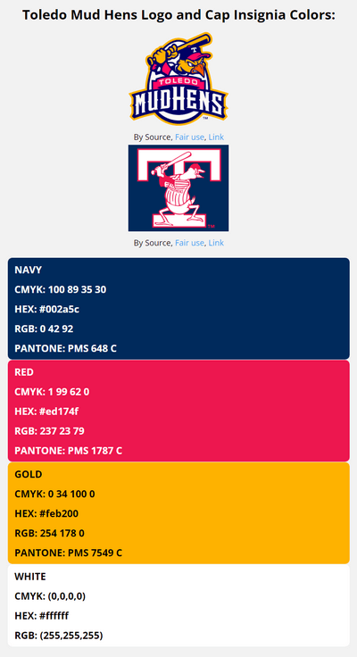 toledo mud hens color codes in HEX, RGB, CMYK, and Pantone