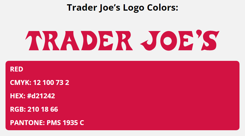 trader joes brand colors in HEX, RGB, CMYK, and Pantone