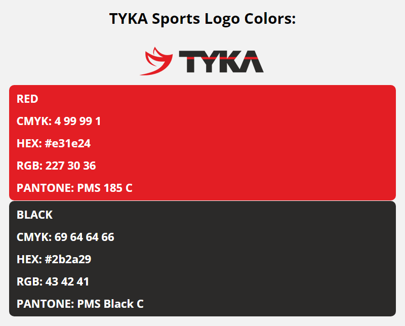 tyka brand colors in HEX, RGB, CMYK, and Pantone