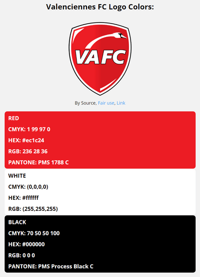 valenciennes team color codes in HEX, RGB, CMYK, and Pantone