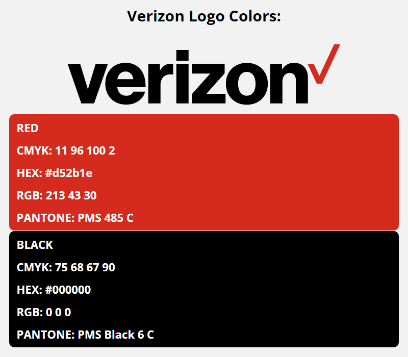 verizon wireless brand colors in HEX, RGB, CMYK, and Pantone
