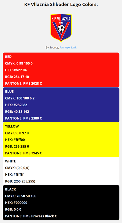 vllaznia team color codes in HEX, RGB, CMYK, and Pantone