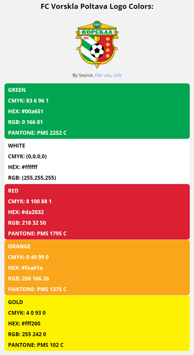 vorskla poltava team color codes in HEX, RGB, CMYK, and Pantone