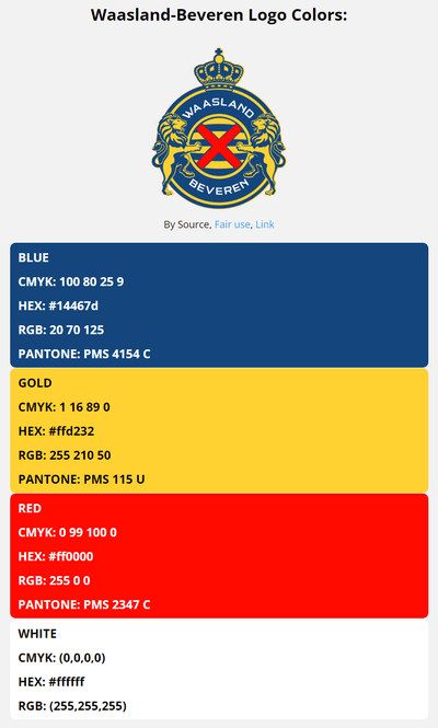 waasland beveren team color codes in HEX, RGB, CMYK, and Pantone