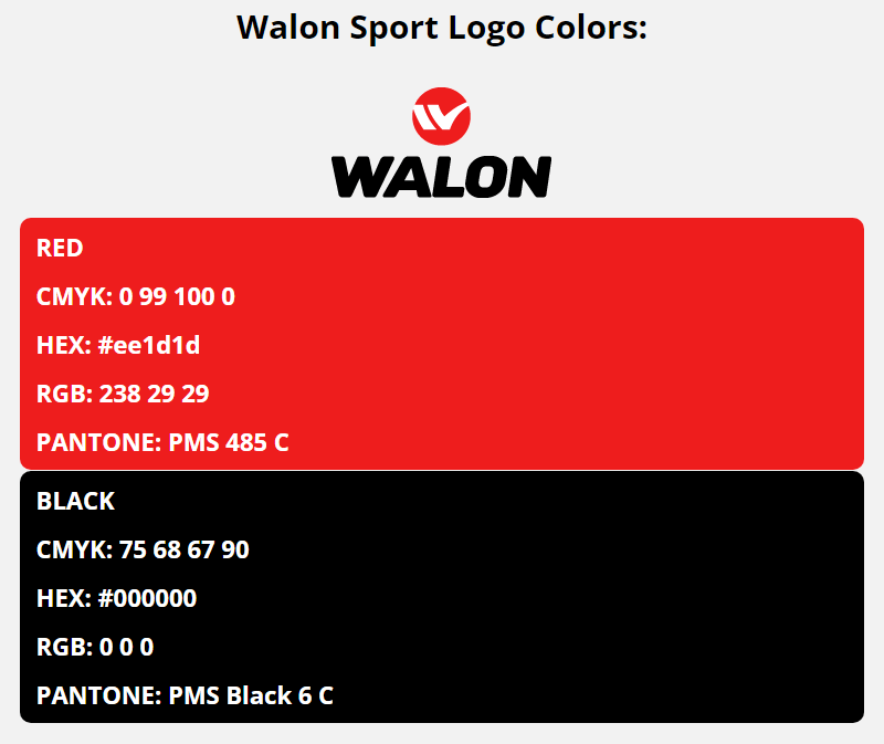 walon sport brand colors in HEX, RGB, CMYK, and Pantone