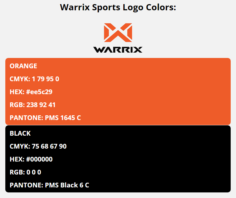 warrix sports brand colors in HEX, RGB, CMYK, and Pantone