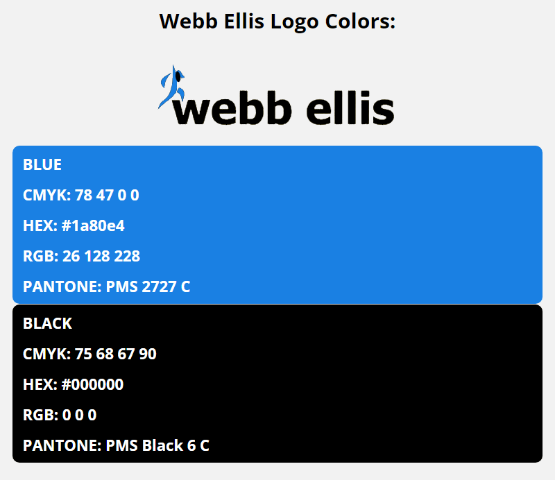 webb ellis brand colors in HEX, RGB, CMYK, and Pantone