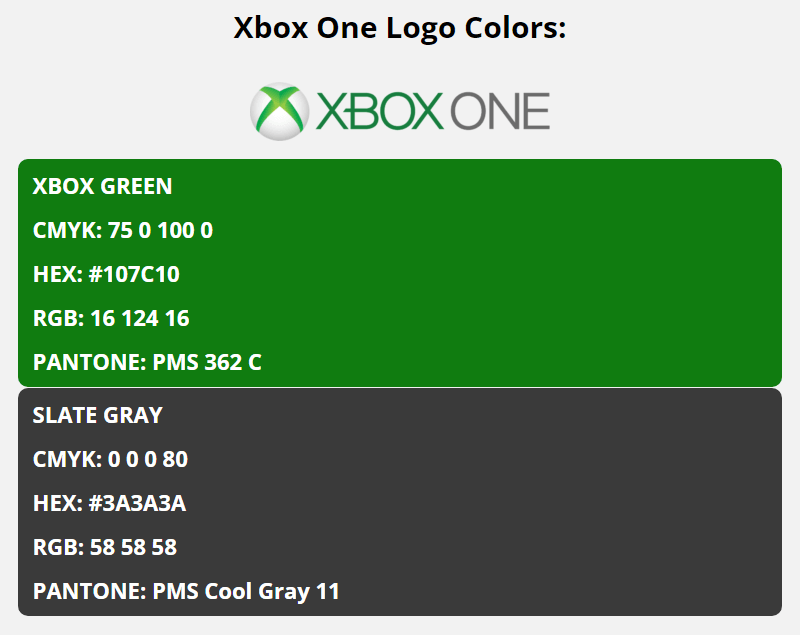 xbox one brand colors in HEX, RGB, CMYK, and Pantone