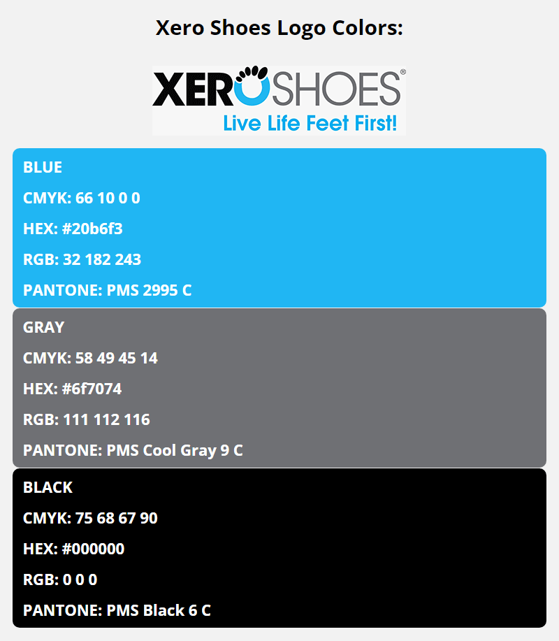 xero shoes brand colors in HEX, RGB, CMYK, and Pantone