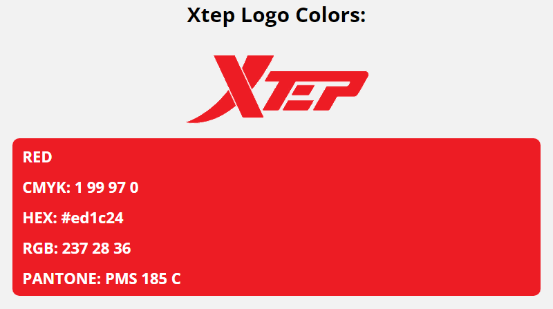 xtep brand colors in HEX, RGB, CMYK, and Pantone