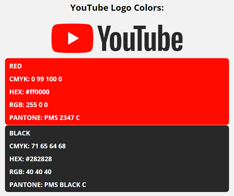 youtube brand colors in HEX, RGB, CMYK, and Pantone
