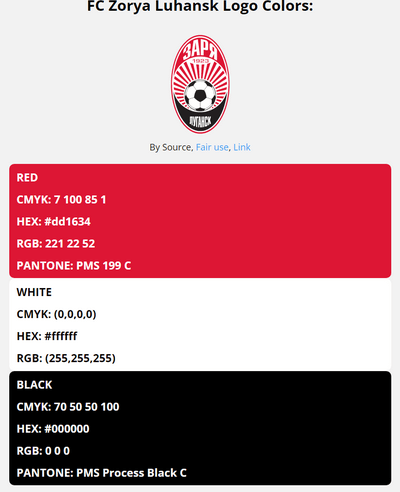 zorya luhansk team color codes in HEX, RGB, CMYK, and Pantone