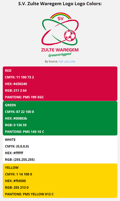 zulte waregem team color codes in HEX, RGB, CMYK, and Pantone